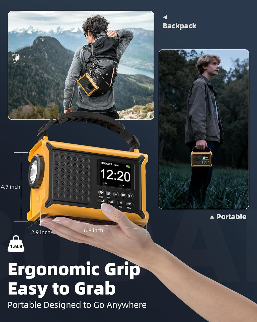12000mAh Kurbelradio, DAB+/UKW, Notfallradio mit 8500mm² Solarpanel & 650mA Handkurbel-Dynamo, Solar Radio mit Bluetooth 5.0, Taschenlampe & Ladegerät, USB, SOS, Tragbares Radio für Camping & Notfälle