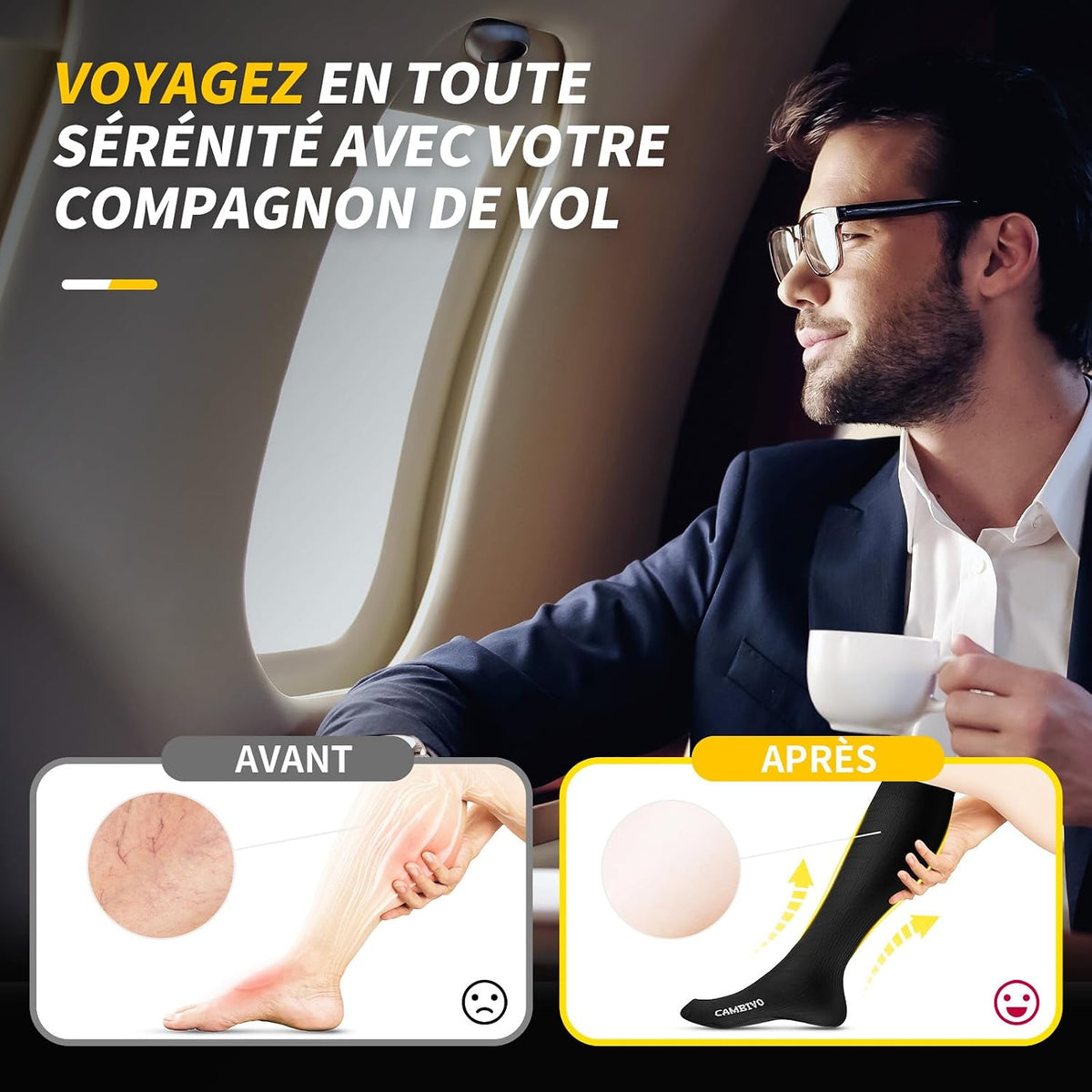 CAMBIVO Bas de Contention Femme Homme 3Paires, Chaussettes de Compression 20-30mmHg, Chaussette Contention Classe 2, pour Circulation Sanguine, Course a Pied, Voyage Avion, Sport, Running, Infirmiere