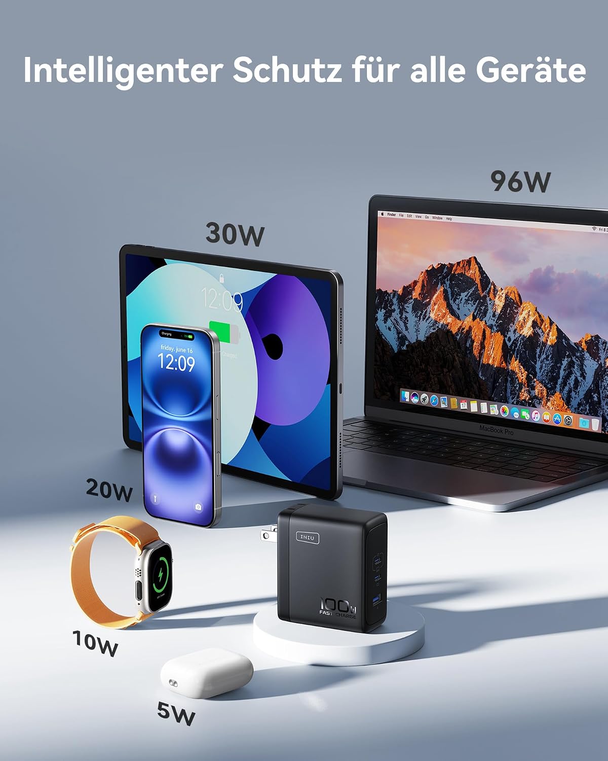 INIU USB C Ladegerät, 100W 3-Port Laptop Schnellladegerät mit 1.5m Kabel