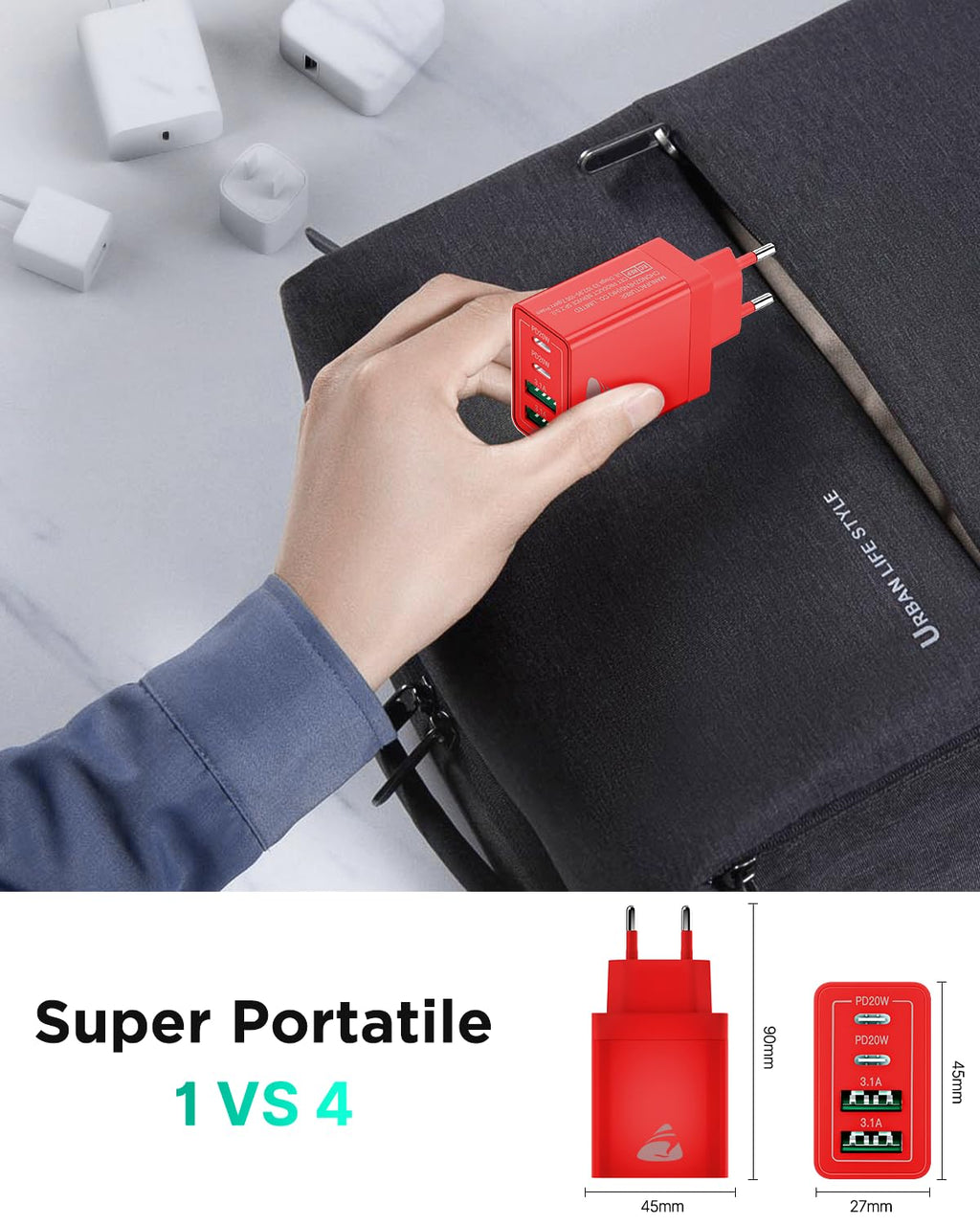 USB C Ladegerät, 40W 4-Port USB ladegerät Mehrfach Schnellladegerät PD 3.0