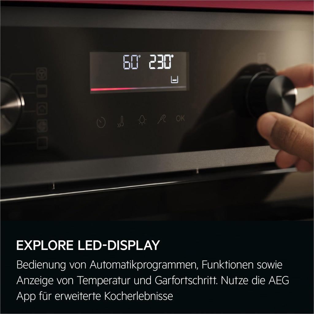 AEG Einbaubackofen, Serie 5 Ringheißluft: Gleichmäßige Garergebnisse auf 3 Ebenen, Pyrolyse Selbstreinigung, 45 Automatikprogramme, LED-Touchdisplay, Schnellaufheizung, Edelstahl, OU5PB40WSM