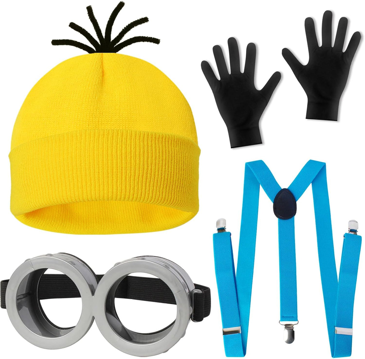 CONGRU 4-tlg. Halloween-Kostüm für Erwachsene, gelber Hut/Schutzbrille/Handschuh/Hosenträger
