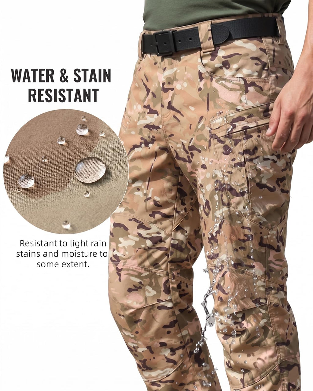 Men's Stretch Tactical Pants Waterproof Ripstop Fabric Cargo Pants Lightweight Casual Hiking Outdoor Work Pants (No Belt)