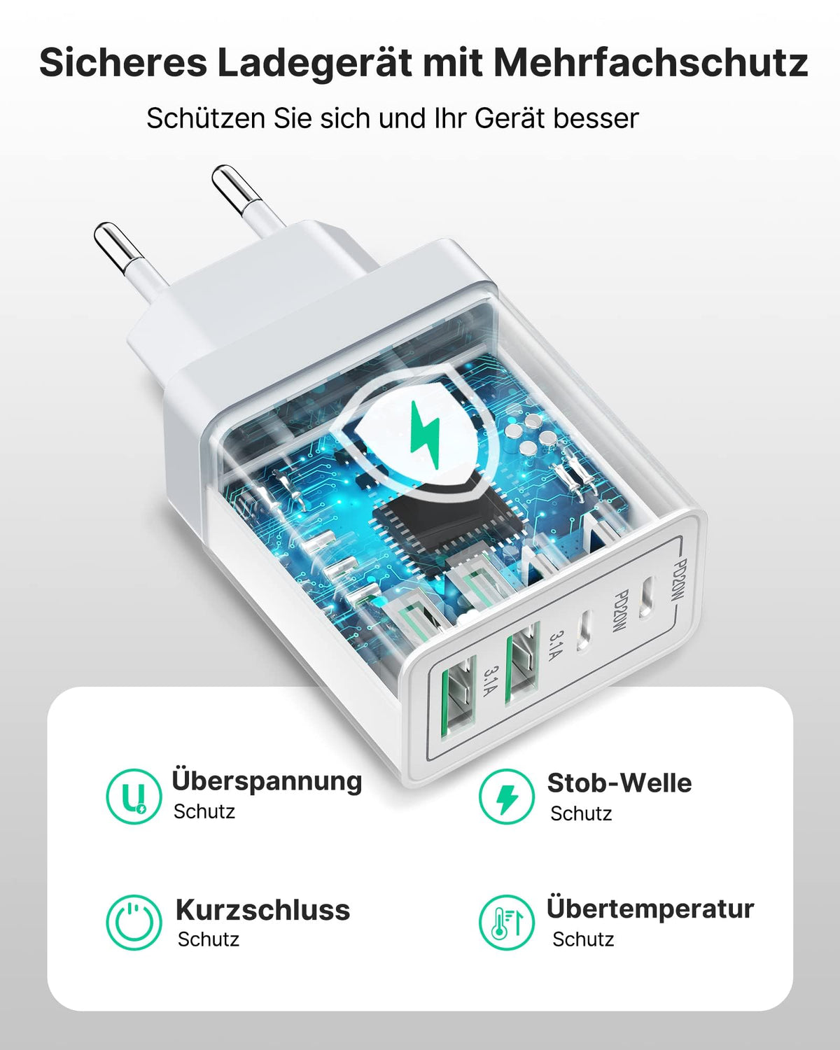 USB C Ladegerät, 40W 4-Port USB ladegerät Mehrfach Schnellladegerät PD 3.0