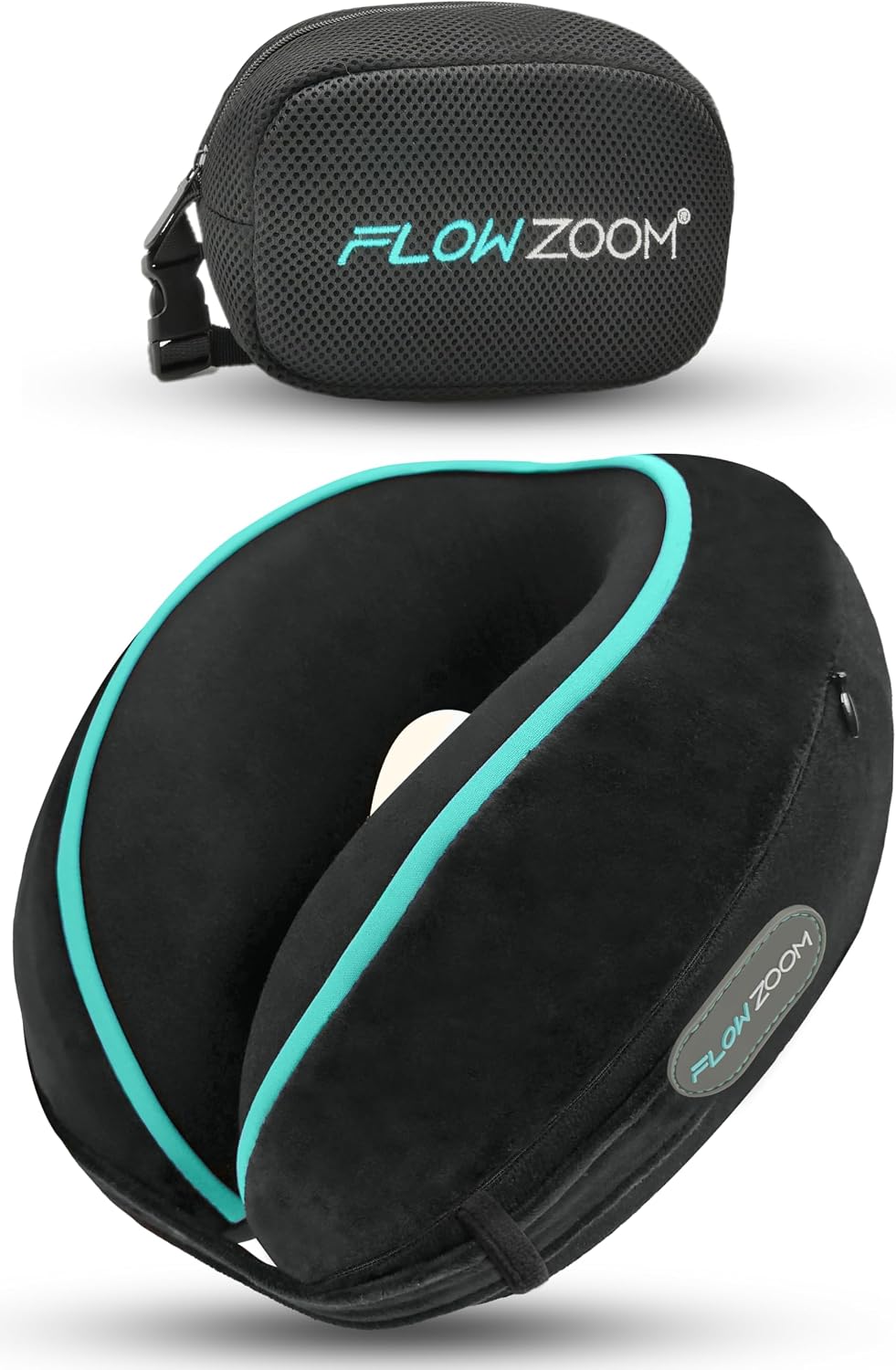 FLOWZOOM Comfy Nackenkissen Flugzeug & Auto mit Kapuze - Einstellbares Memory Foam Reisekissen mit Druckknöpfen für 360° Stütze, weicher Bezug - inkl. Transportbeutel - Grau