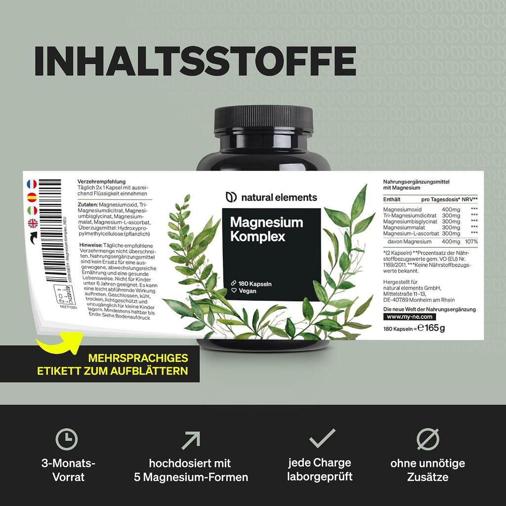 natural elements Magnesium Komplex - Premium: Aus 5 hochwertigen Verbindungen - 400mg elementares Magnesium pro Tagesdosis - Laborgeprüft, vegan, hochdosiert