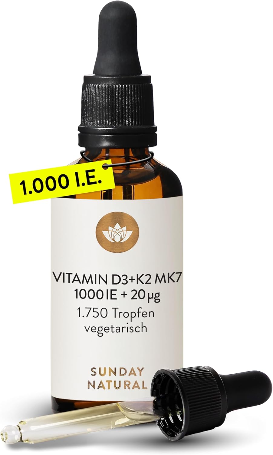 SUNDAY NATURAL® Vitamin D3 + K2 Tropfen - Premium: 99,8+% All-Trans + hoch bioverfügbares Vitamin D3 - Laborgeprüft in Deutschland, hochdosiert, flüssig - Perfekt zum Teilen