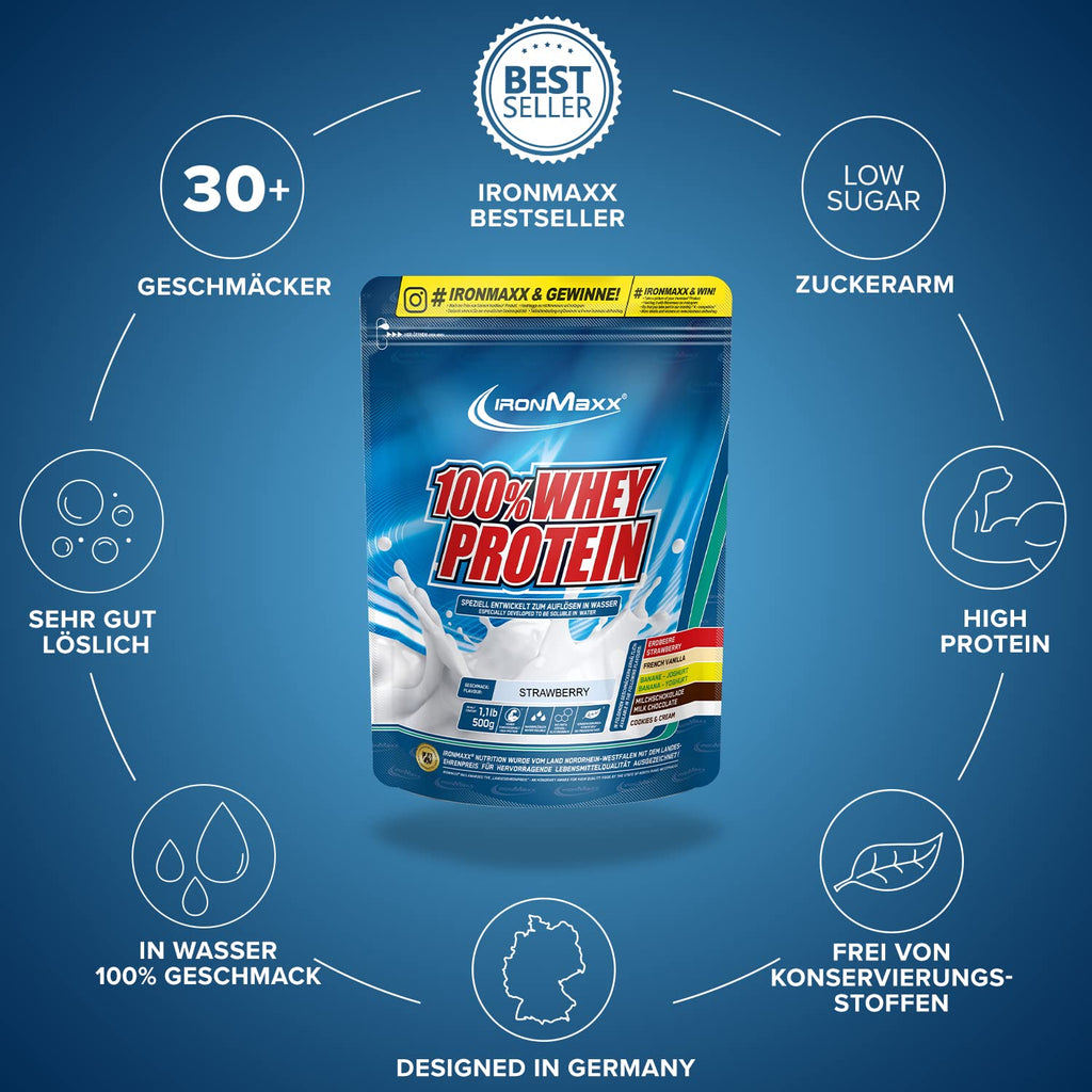 IronMaxx 100% Whey Protein Pulver - French Vanilla 500g Beutel | zuckerreduziertes, wasserlösliches Eiweißpulver aus Molkenprotein | viele verschiedene Geschmacksrichtungen