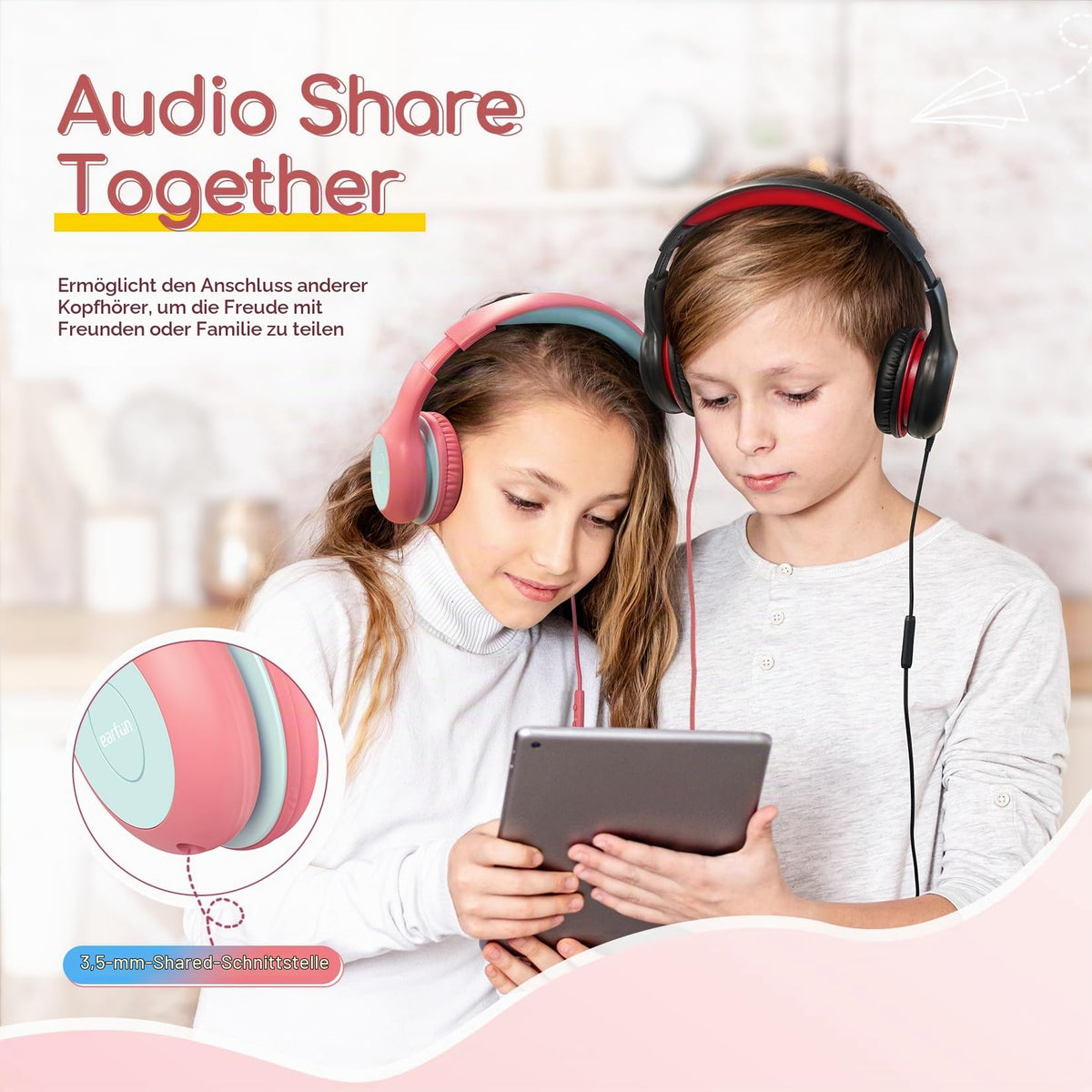 EarFun Kinder Kopfhörer mit 3,5 mm Kabel, Lautstärkebegrenzung, Blau-grün