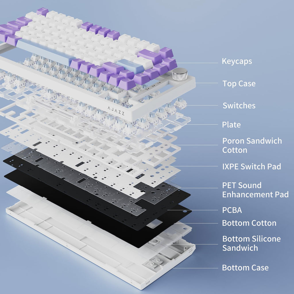 AJAZZ AK820 Mechanical Keyboard, 75% Hot Swappable Wired Keyboard with Volume Control Knob, QWERTY Layout, PBT Keycaps, Five-Layer Sound Insulation Pad, 82-Key Gaming Keyboard, Grey White