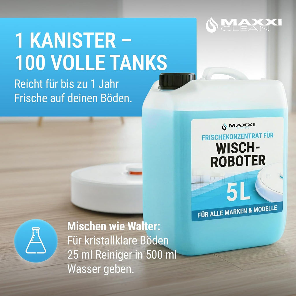Maxxi Clean 1 x 750 ml Reinigungsmittel für Saugroboter mit Wischfunktion I Konzentrat mit Frische Duft I Universalreiniger für Fliesen, Laminat, Parkett I kompatibel mit gängigen Herstellern