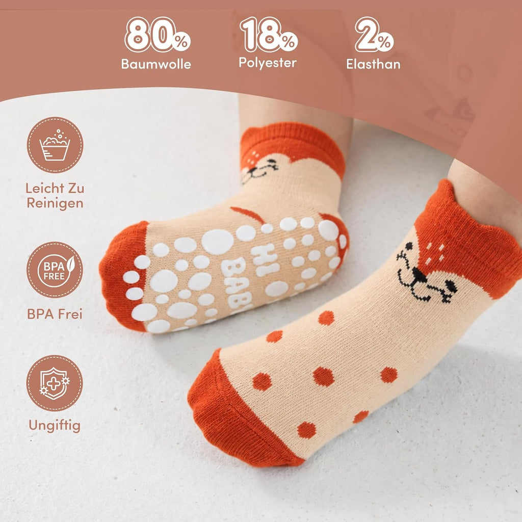 SockWaddles Chaussettes de bébé, 5 paires de chaussettes antidérapantes ABS respirantes pour enfants, chaussettes de bébé en coton, garçons et filles avec des animaux et des licornes