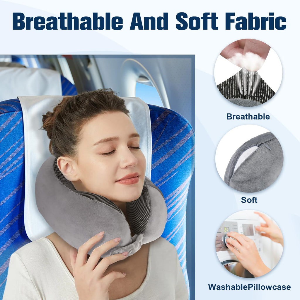 Cirorld Travel Pillow for Airplane, Neck Pillow for Travel, Memory Foam Travel Neck Pillow for Adults, Adjustable & Compact Flight Pillow, Ergonomic Neck Cushion, With Ear Plugs, Eye Mask, Carry Bag