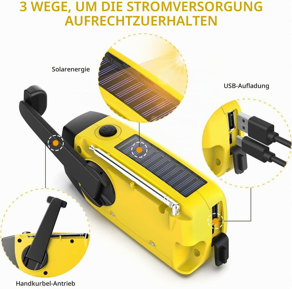 Notfall-Solarradio,Solarbaby Selbstbetriebenes Kurbelradio mit LED-Taschenlampe, SOS-Alarm,AM/FM Wetter Wind Up Radio mit 2000mAh Akku für Notladung von Smartphone,(Rod)