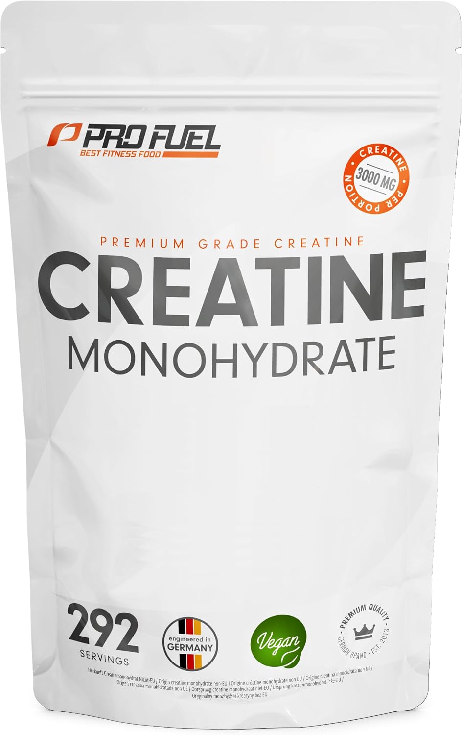 Creatin Monohydrat Pulver 1kg / 1000g reines Kreatin Monohydrat in mikronisierter Qualität - Creatine-Monohydrate mit 3000 mg Creatine pro Tag - Creatin-Pulver 100% vegan - Vorrat für 292 Tage
