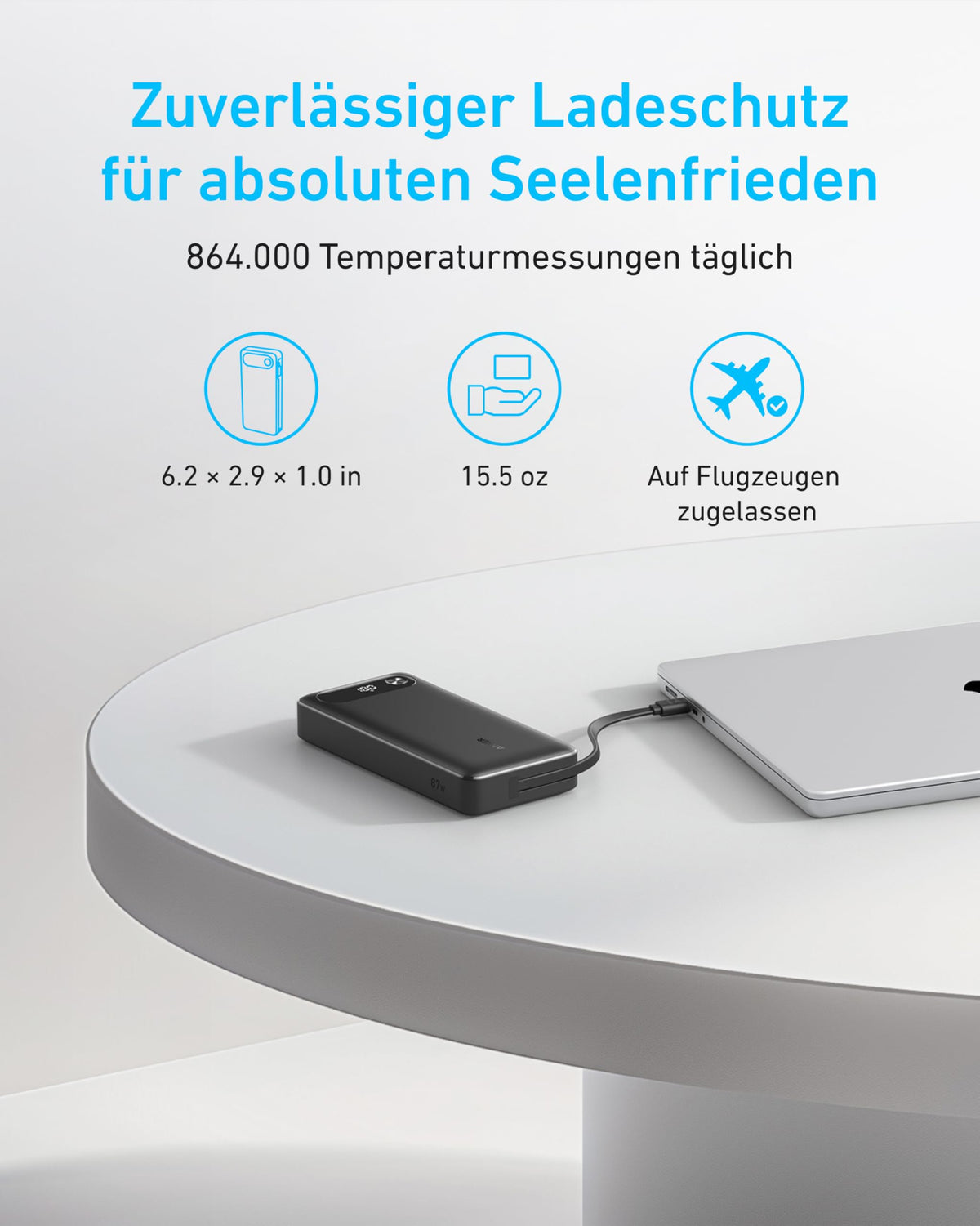 Anker Powerbank, 20000mAh 87W Max, integriertes USB-C Kabel
