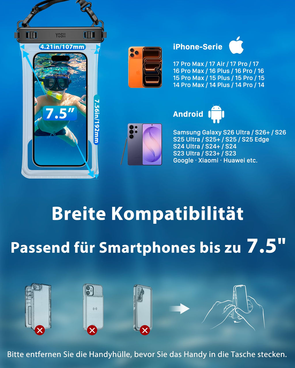 YOSH wasserdichte Handyhülle [Schwimmende & Nahtloser] 2 STK., bis zu 7,5"