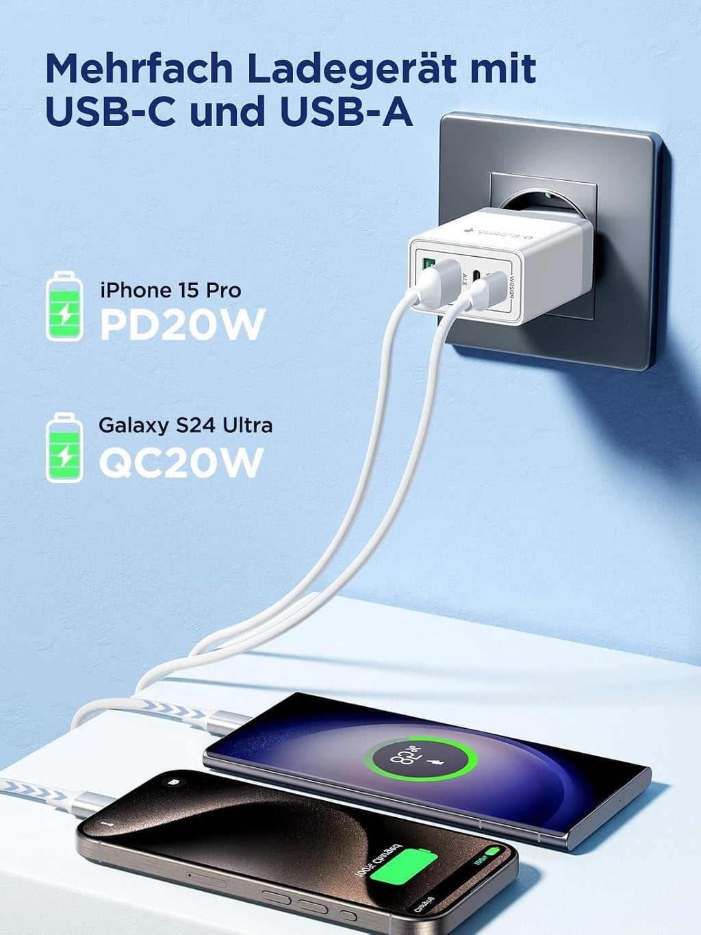 USB C Ladegerät, 40W 4-Port USB ladegerät Mehrfach Schnellladegerät PD 3.0