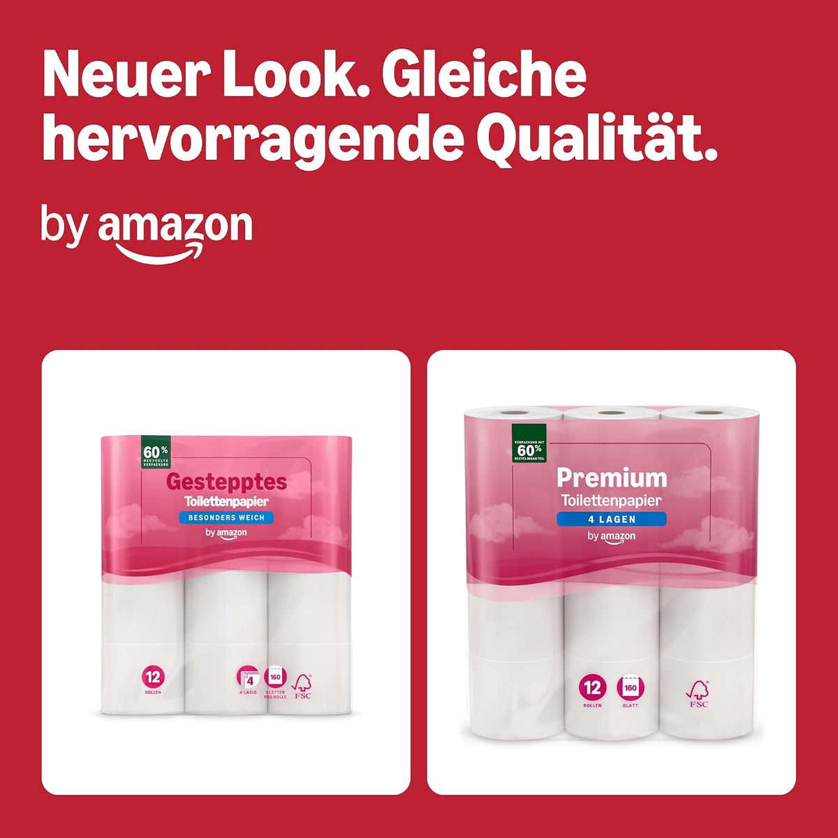 by Amazon Premium Toilettenpapier, 4-lagig, 48 Rollen (4 Packungen à 12 Stück), 160 Blatt pro Rolle, FSC-zertifiziert