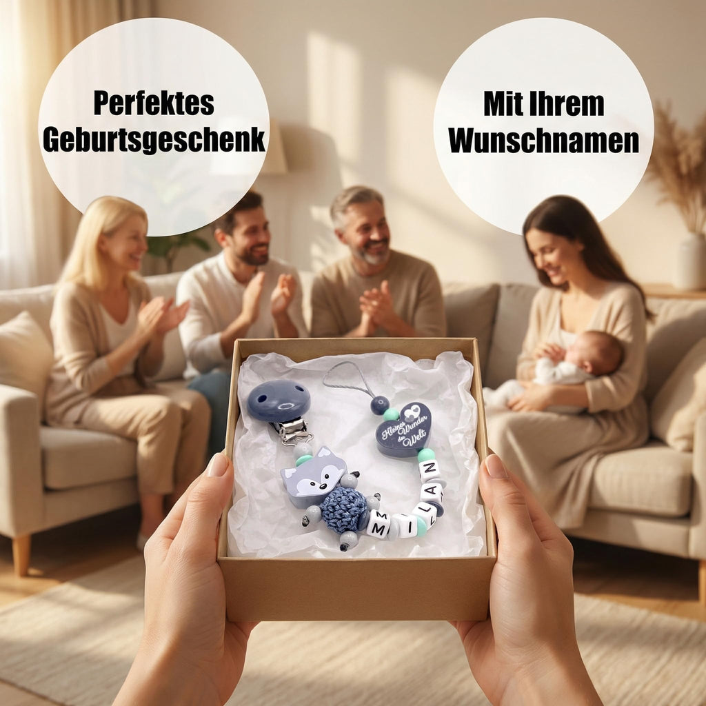 Schnullerband mit Namen für Mädchen & Jungen personalisierte Baby Geschenke (REH Herzchen)