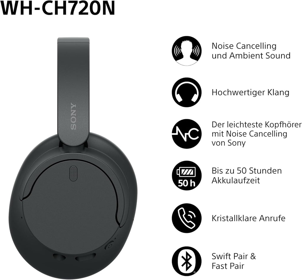Sony WH-CH720N Kabelloser Bluetooth-Kopfhörer mit Noise Cancelling - bis zu 35 Stunden Akkulaufzeit und Schnellladefunktion - Schwarz
