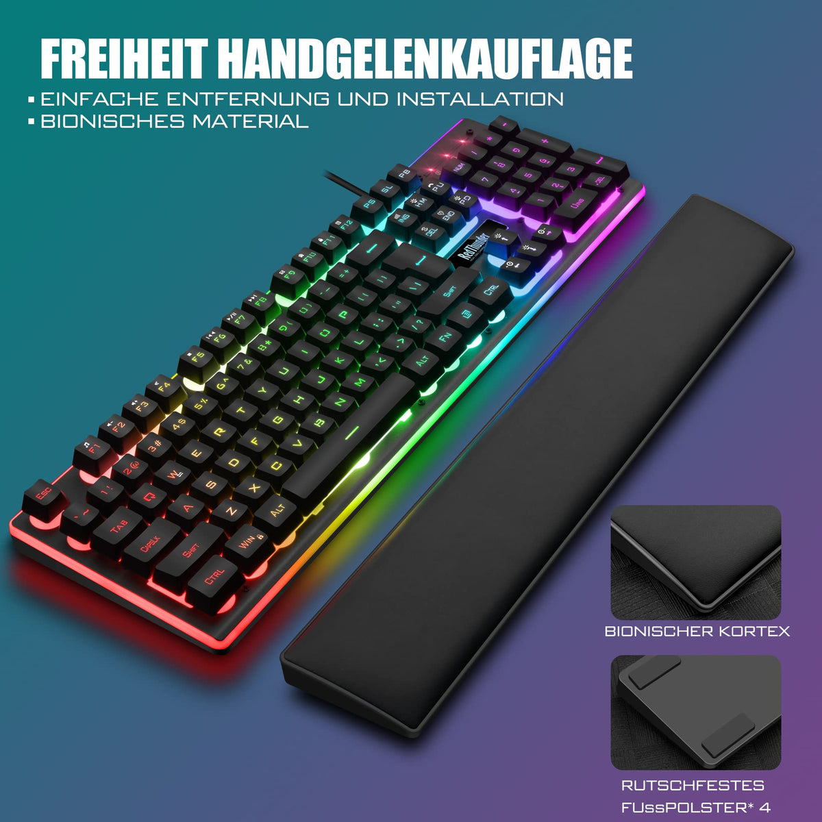 RedThunder K10 Gaming Tastatur und Maus Set, QWERTZ DE-Layout, Metallplatte und Handballenauflager，RGB-Hintergrundbeleuchtung - und 7D mit Ergonomische - für PC Mac Gamer(Weiß)