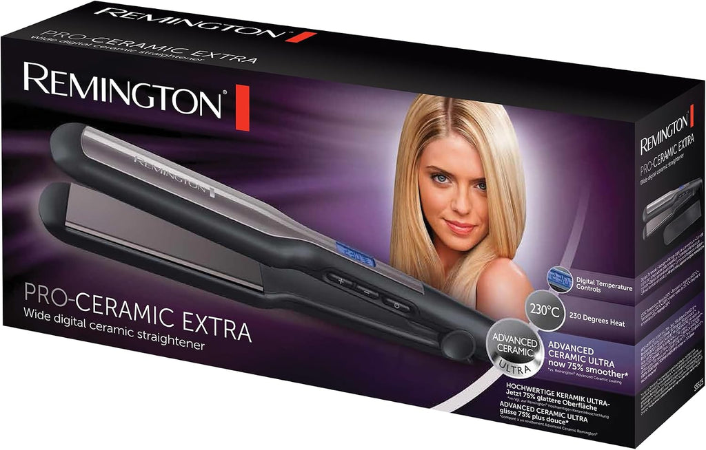 Remington Glätteisen Pro-Ceramic Extra breit (extrabreite 45-mm-Stylingplatten – speziell für dickes, krauses, lockiges und sehr langes Haar), LCD-Display, 150–230 °C, Haarglätter S5525