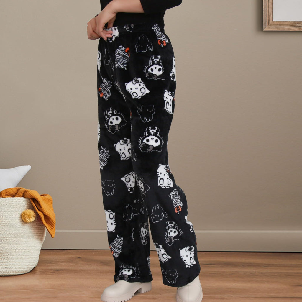 Chnnamzu Damen-Pyjamahose aus Flanell, warmes und weiches Fleece-Pyjamaunterteil, süßes Cartoon-Katzen-Motiv, Kawaii-Mode, lässige Nachtwäsche, Loungewear-Hose