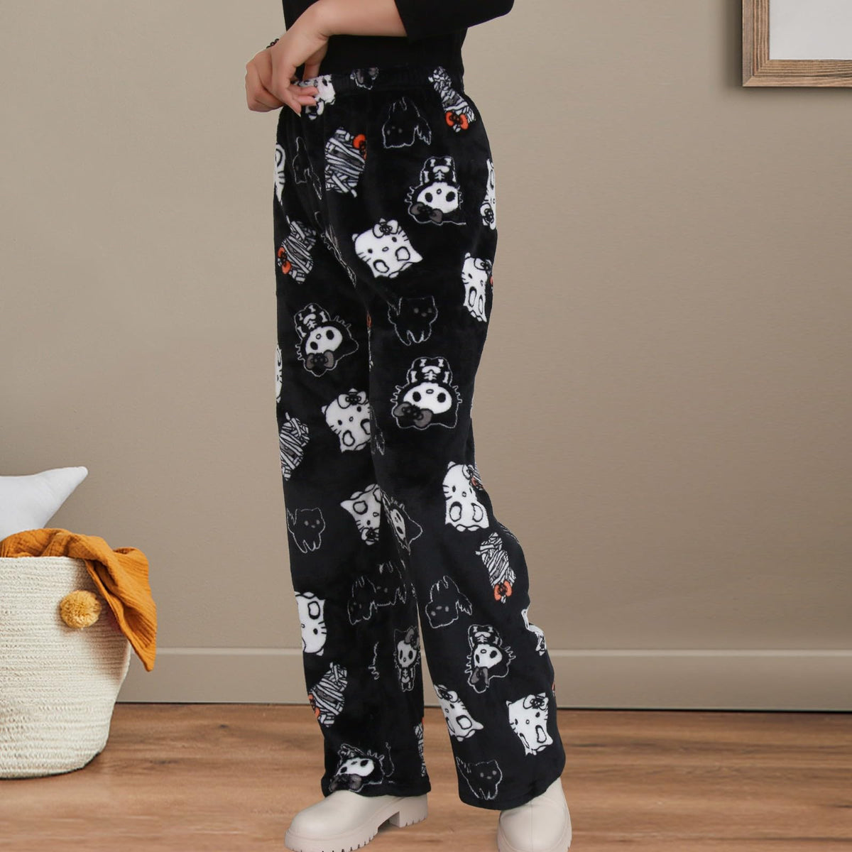 Chnnamzu Damen-Pyjamahose aus Flanell, warmes und weiches Fleece-Pyjamaunterteil, süßes Cartoon-Katzen-Motiv, Kawaii-Mode, lässige Nachtwäsche, Loungewear-Hose
