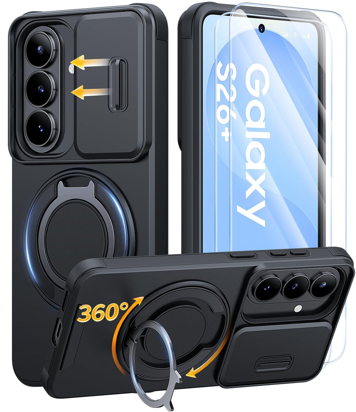 AOUIA für Samsung Galaxy S26 Ultra Hülle mit 2 Stück Panzerglas, Kameraschutz, 360° drehbarer Ringständer, Militärstandard Stoßschutz, robuste Handyhülle für Samsung S26 Ultra, Schwarz