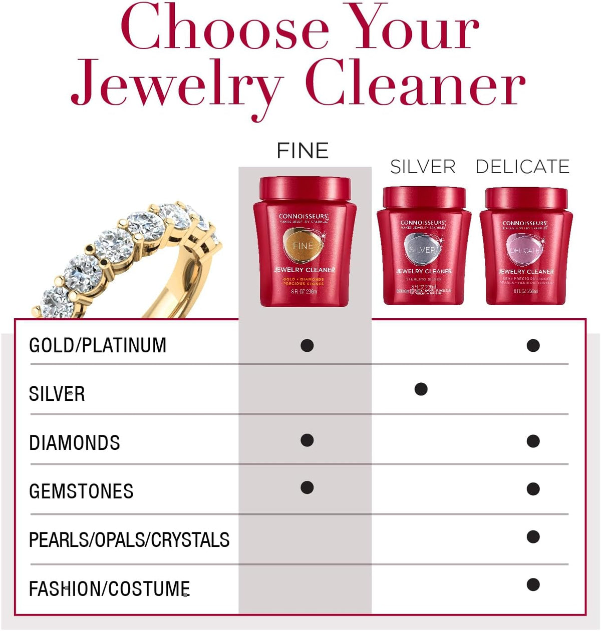 CONNOISSEURS Premium Edition Jewelry Cleaner, Value Size 9.6oz - Pick from Fine, Silver or Delicate Jewelry Cleaner