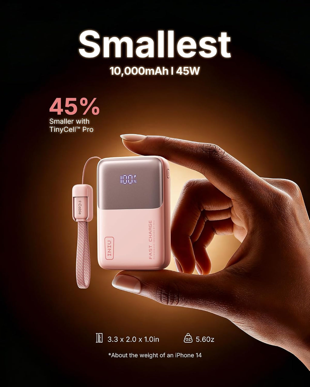 INIU Ultra Mini Powerbank, 10000mAh 45W Schnellladen mit USB C Kabel