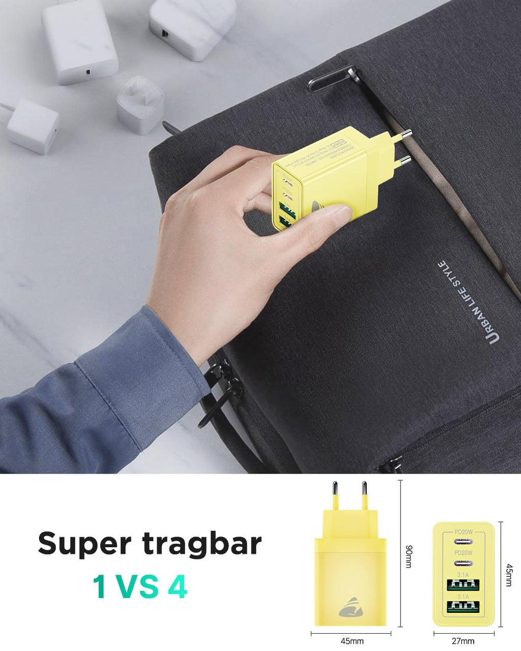 USB C Ladegerät, 40W 4-Port USB ladegerät Mehrfach Schnellladegerät PD 3.0