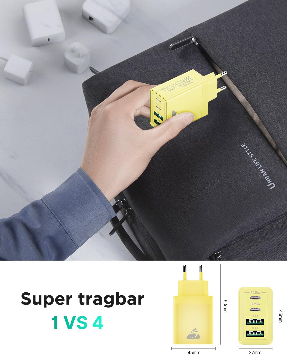 USB C Ladegerät, 40W 4-Port USB ladegerät Mehrfach Schnellladegerät PD 3.0