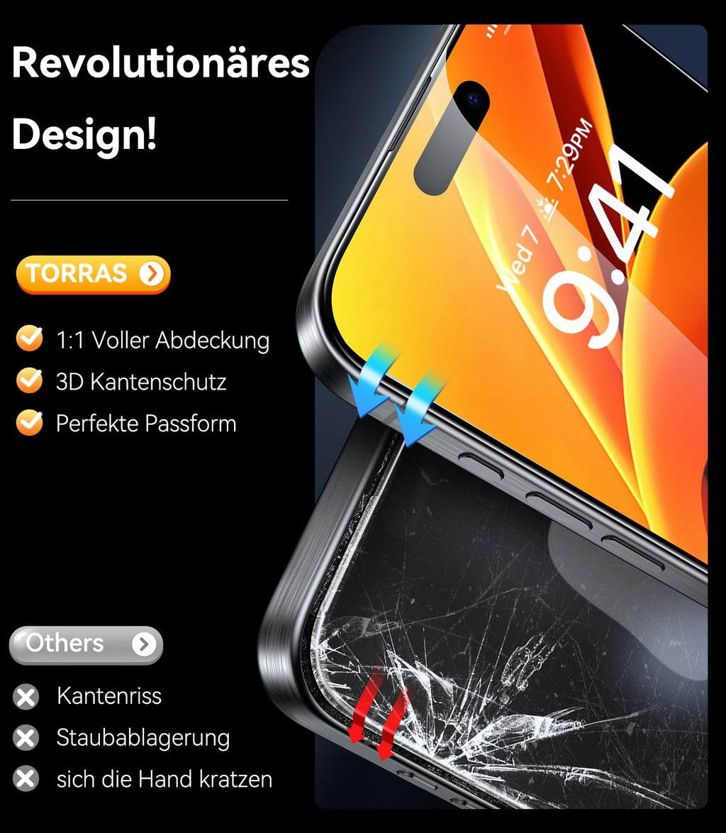 TORRAS für iPhone 18 Pro für Panzerglas TOP 9H+, Auto-Montage, 2 Stück