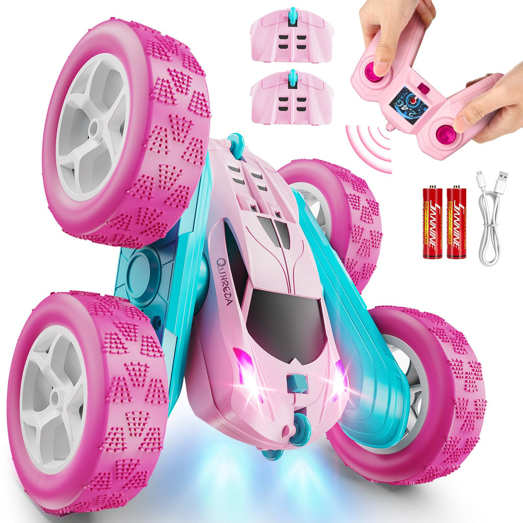 QUNREDA Remote Control Car, RC Cars Toys for Kids Ages 6-12, 4WD Stunt Car with LED Lights & 360° Flips, 2.4GHz, Upgraded USB-C Modular Batteries, 8-10 Year Old Boys Birthday Gift 1-Blue