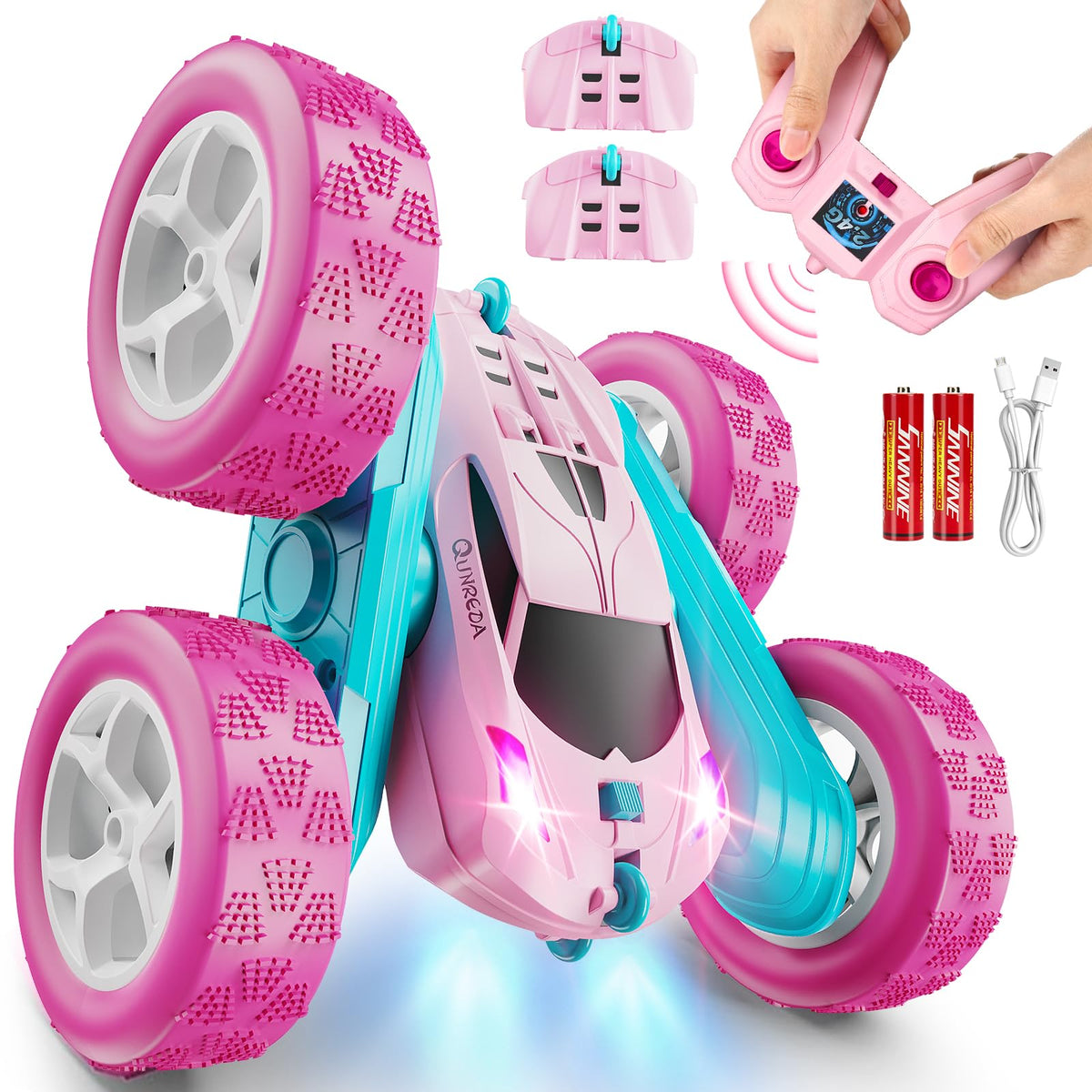 QUNREDA Remote Control Car, RC Cars Toys for Kids Ages 6-12, 4WD Stunt Car with LED Lights & 360° Flips, 2.4GHz, Upgraded USB-C Modular Batteries, 8-10 Year Old Boys Birthday Gift 1-Blue