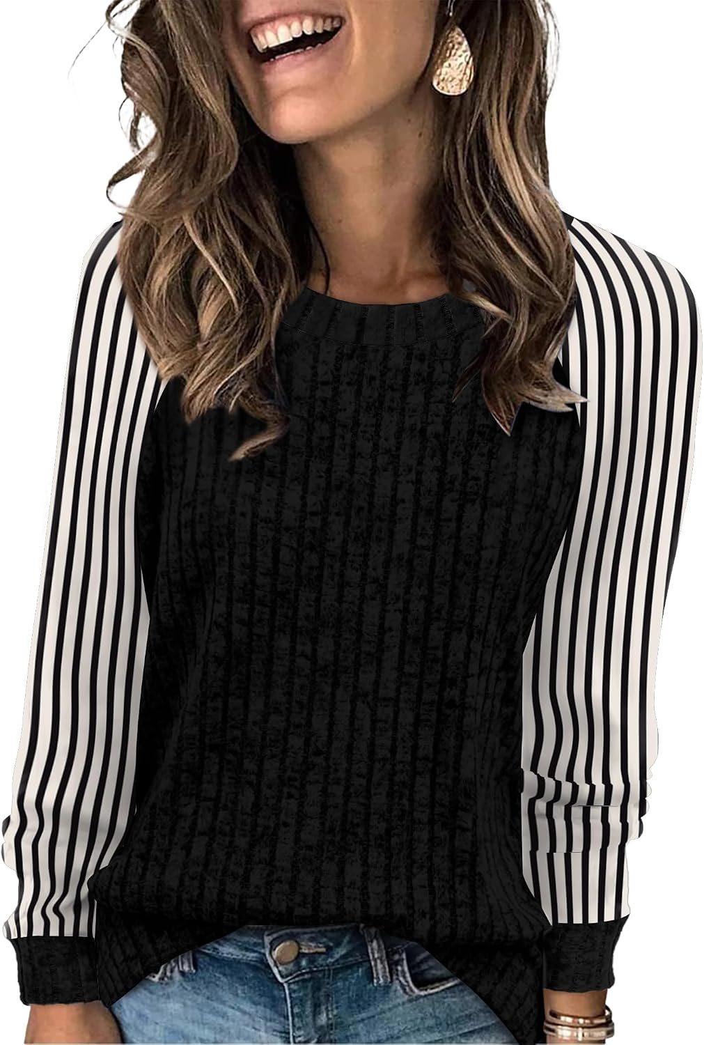 WIHOLL Langarmshirts für Damen Leichte Pullover Herbstoutfits 2026 Color-Block Winterkleidung Schick Lässig Weich