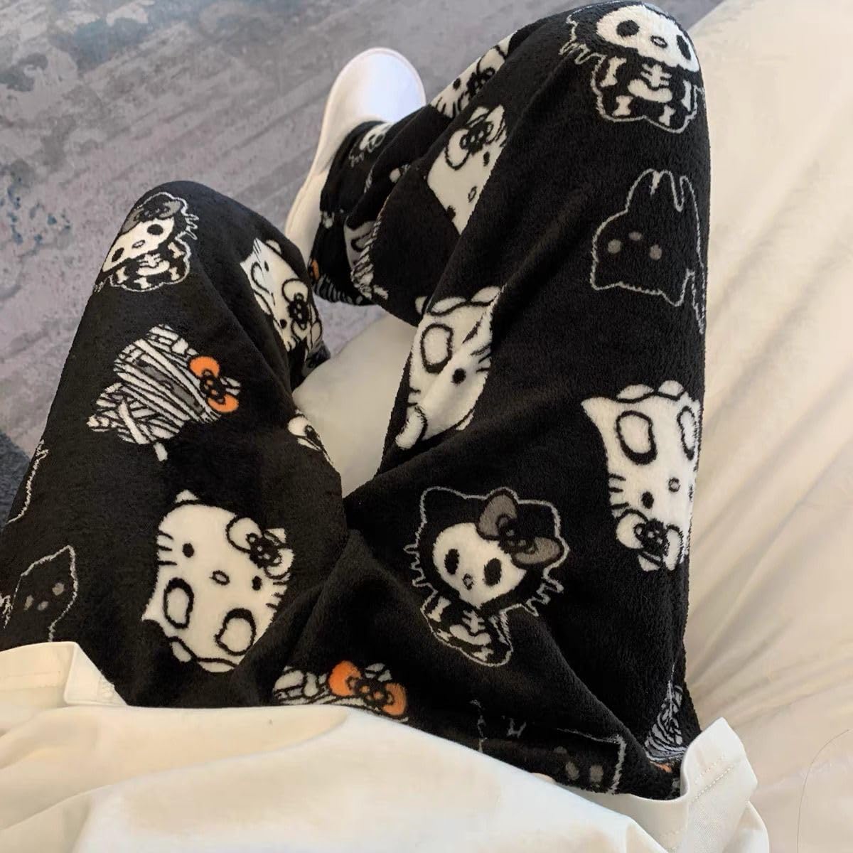 Chnnamzu Damen-Pyjamahose aus Flanell, warmes und weiches Fleece-Pyjamaunterteil, süßes Cartoon-Katzen-Motiv, Kawaii-Mode, lässige Nachtwäsche, Loungewear-Hose