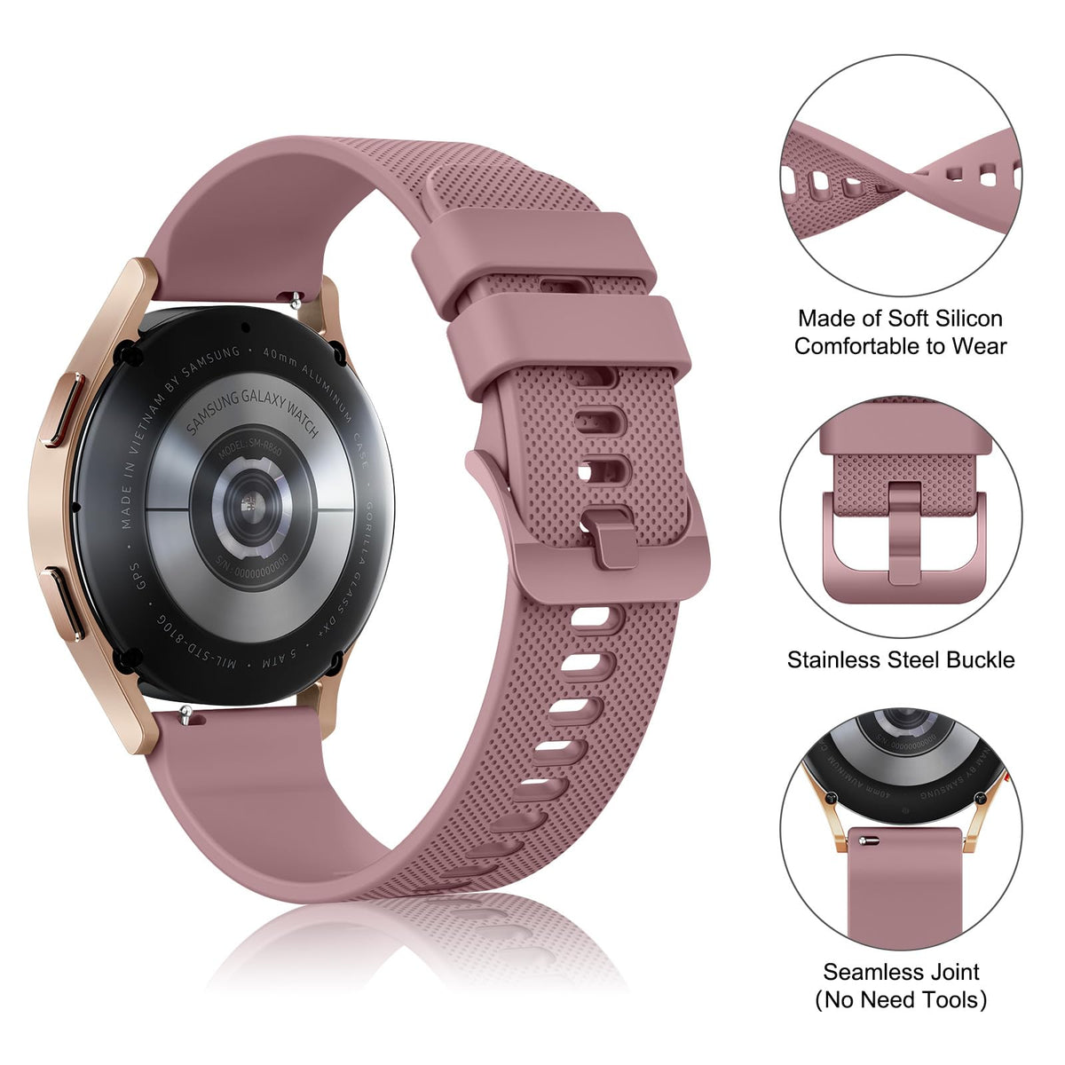 Wanme 20mm Bracelet de Montre en Silicone, Souple Bracelet de Replacement en Dégagement Rapide avec Boucle en Même Couleur Homme Femme 20mm, Starlight