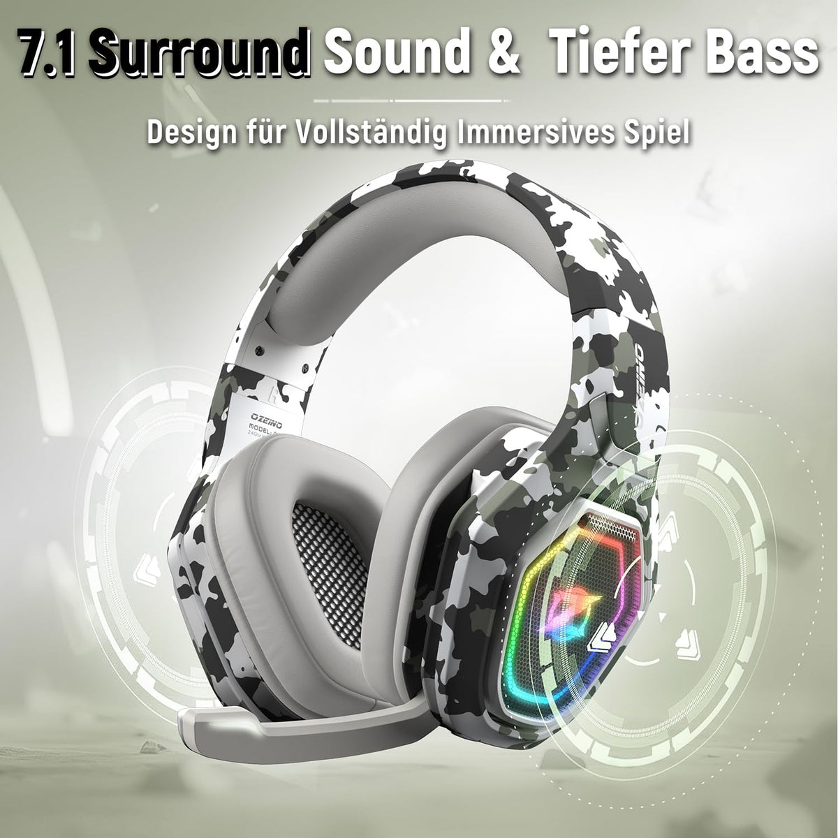 Ozeino 2.4GHz Gaming Headset Wireless mit Mikrofon Geräuschunterdrückung für Ps5/PC/Ps4/Mac, Bluetooth Headset mit RGB Licht, Gaming kopfhörer 40H+ Akkulaufzeit