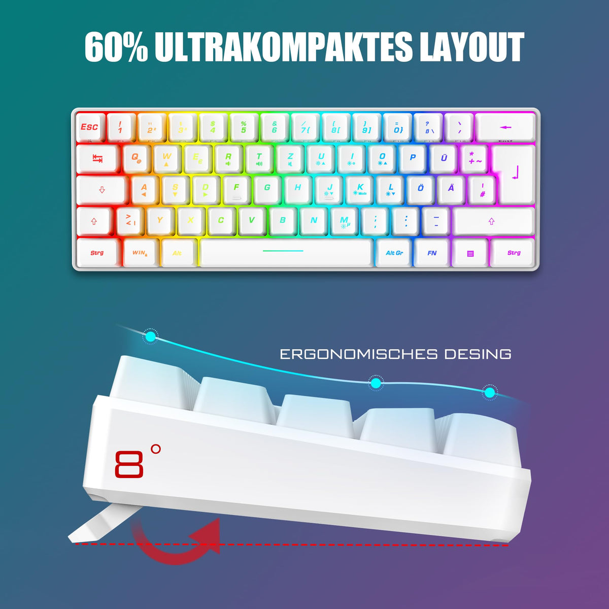 RedThunder 60% Kabelloses RGB Gaming Tastatur und Maus Set, QWERTZ DE Layout, Wiederaufladbare Funktastatur mit Ultraleichte Gaming Maus mit Wabenkonstruktion, für PC MAC PS5 Xbox Gamer, Büro.