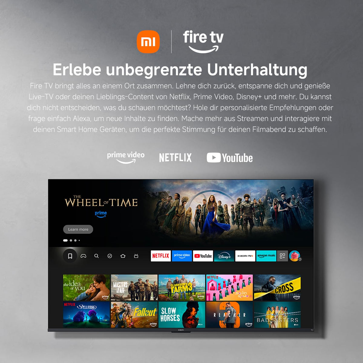 XIAOMI F2 Smart Fire TV 43 Zoll, 108 cm Fernseher (4K UHD, HDR10, Rahmenloses Metallgehäuse, Prime Video, Netflix, Alexa Sprachsteuerung, HDMI 2.1, Bluetooth, USB, Triple Tuner) Modelljahr:2022