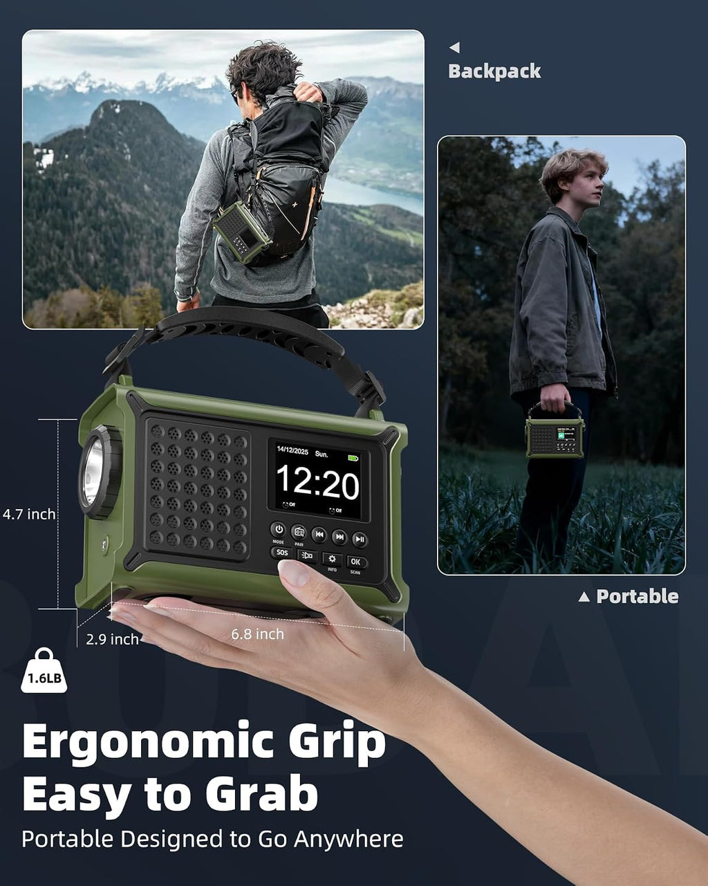 12000mAh Kurbelradio, DAB+/UKW, Notfallradio mit 8500mm² Solarpanel & 650mA Handkurbel-Dynamo, Solar Radio mit Bluetooth 5.0, Taschenlampe & Ladegerät, USB, SOS, Tragbares Radio für Camping & Notfälle