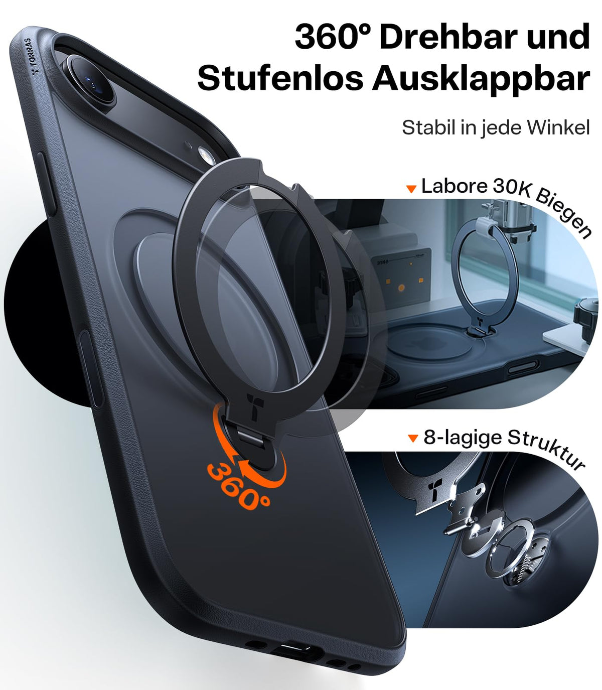 TORRAS Ostand Q3 Spin für iPhone 18 Pro Hülle für MagSafe 360°Stand Schwarz