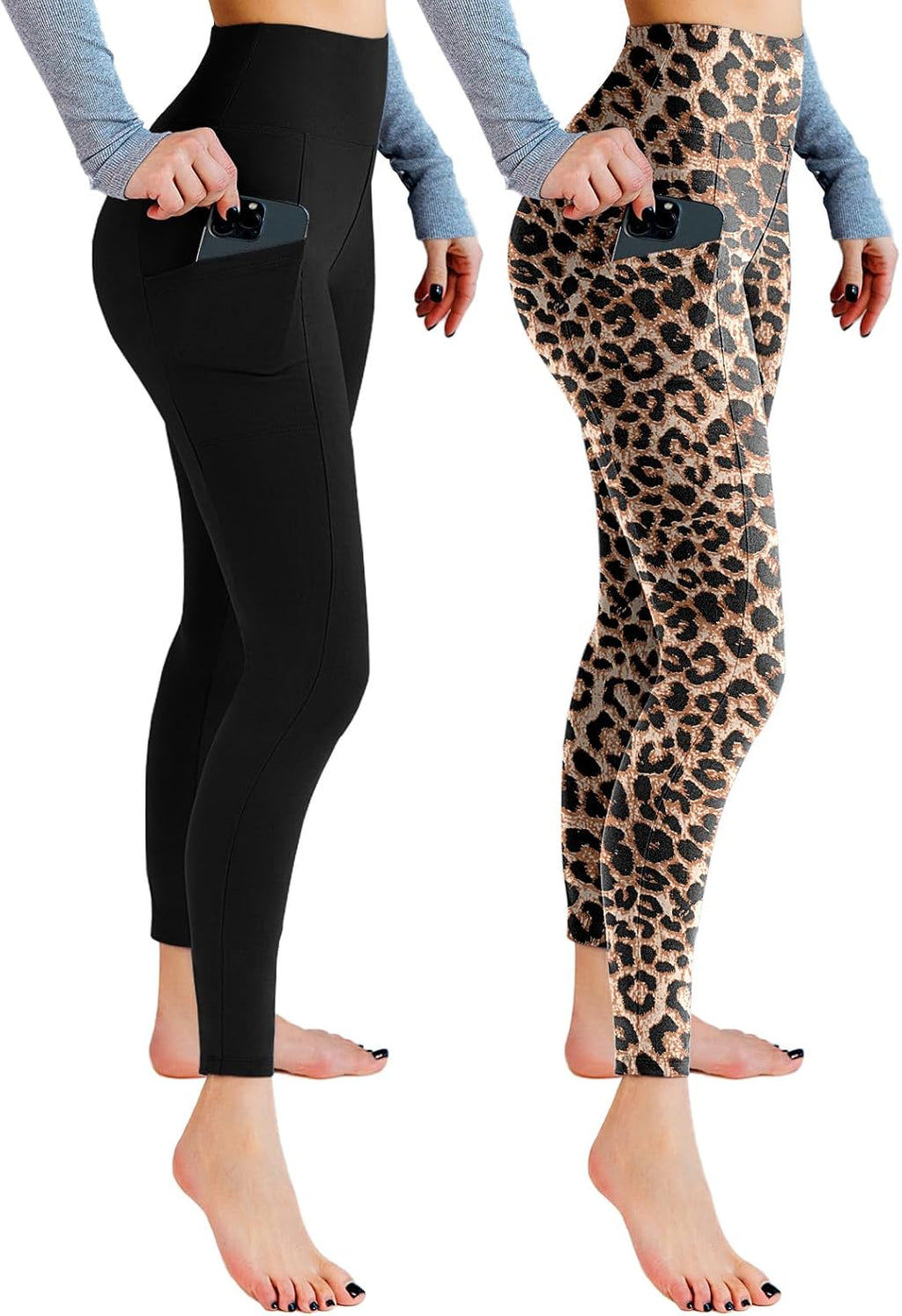 Leafigure Lot de 2 leggings de sport opaques taille haute avec poches pour entraînement, sport, yoga, course à pied