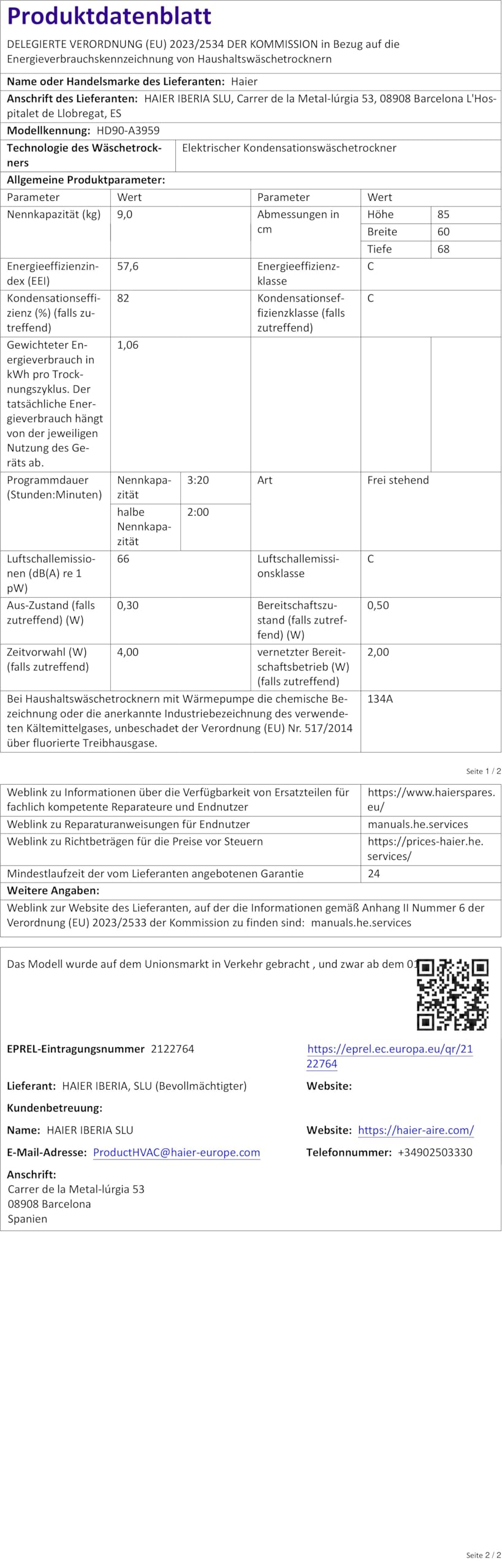 Haier Wärmepumpentrockner 9kg I G7 Serie I Klasse B I AI Power Inverter Motor, iOn Air Fresh, Pillow-Schontrommel, Automatik- & Hygiene-Programm, hOn AppI HD90-B667U1