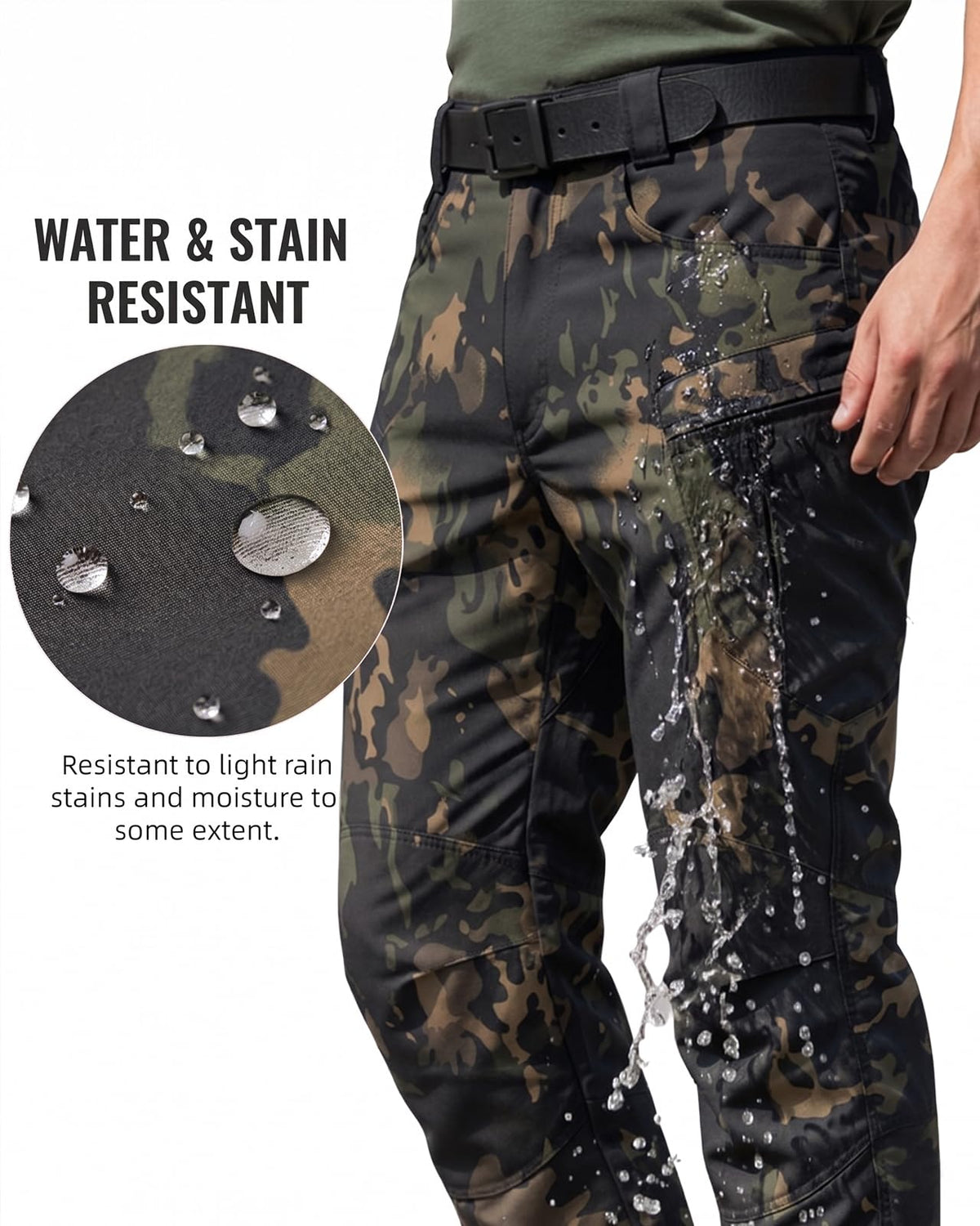Men's Stretch Tactical Pants Waterproof Ripstop Fabric Cargo Pants Lightweight Casual Hiking Outdoor Work Pants (No Belt)