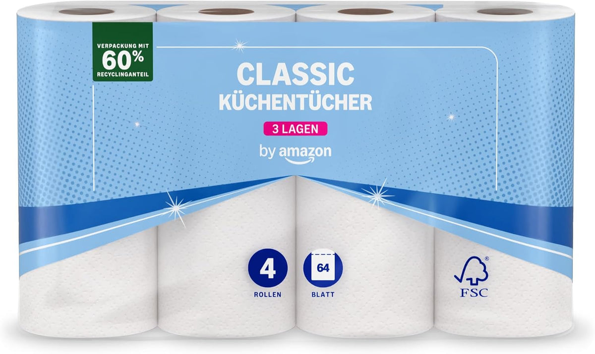by Amazon Küchenrolle, 3-lagig, 4 Rollen (4 Rollen, 1-er Pack), 64 Blätter pro Rolle, FSC-Zertifiziert