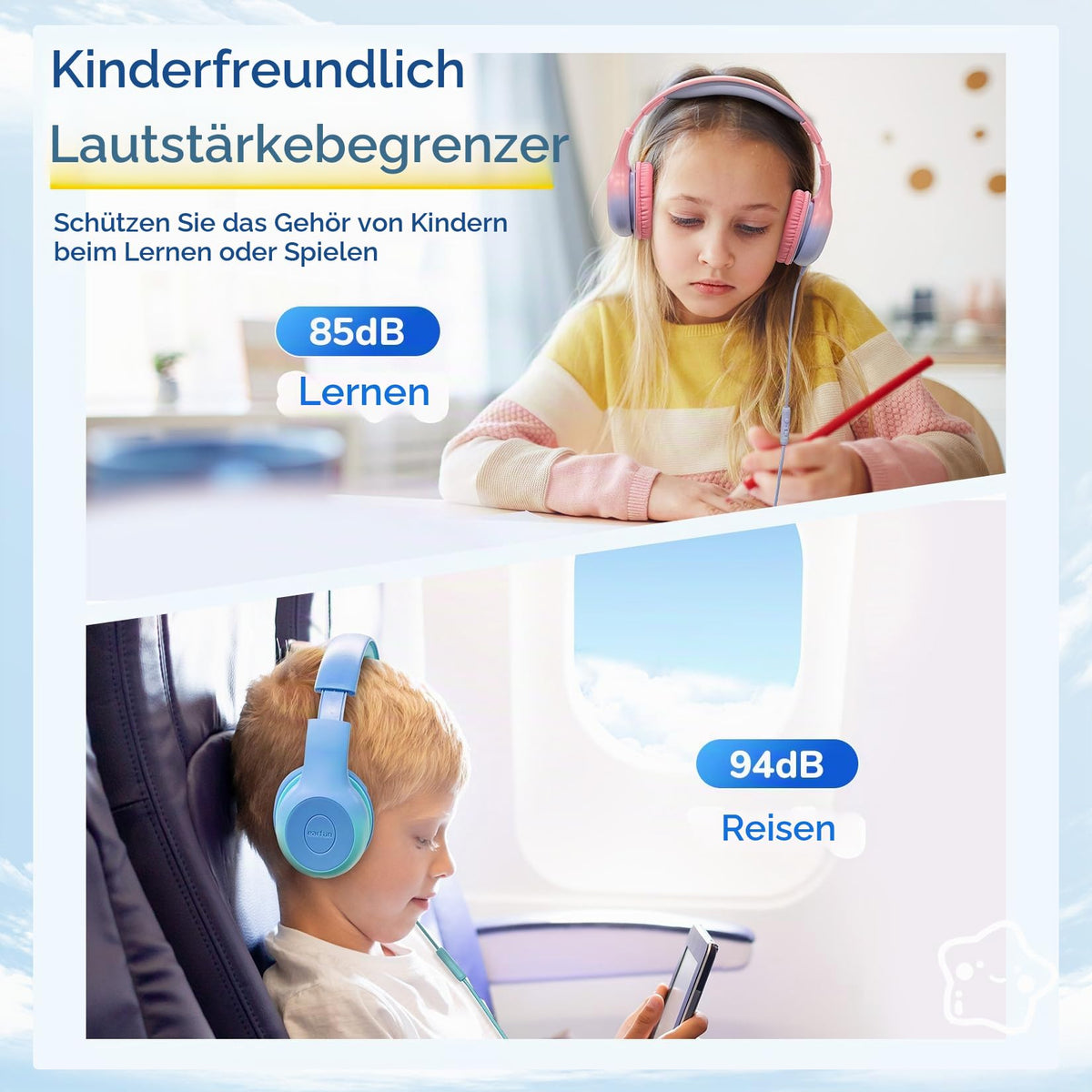 EarFun Kinder Kopfhörer mit 3,5 mm Kabel, Lautstärkebegrenzung, Blau-grün